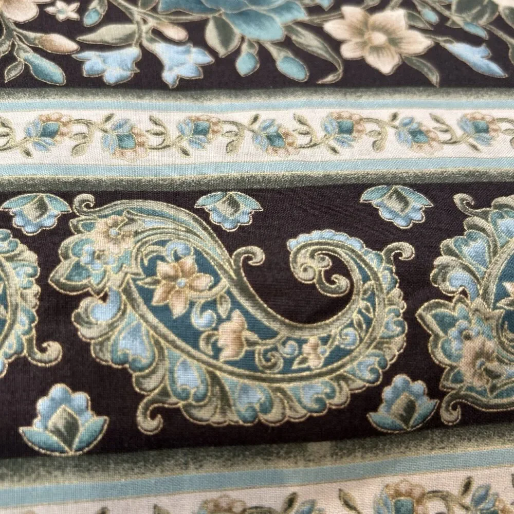 Cotton Quilting Fabric Traditions Brown Blue Paisley Floral Gold Outline 37 X 40